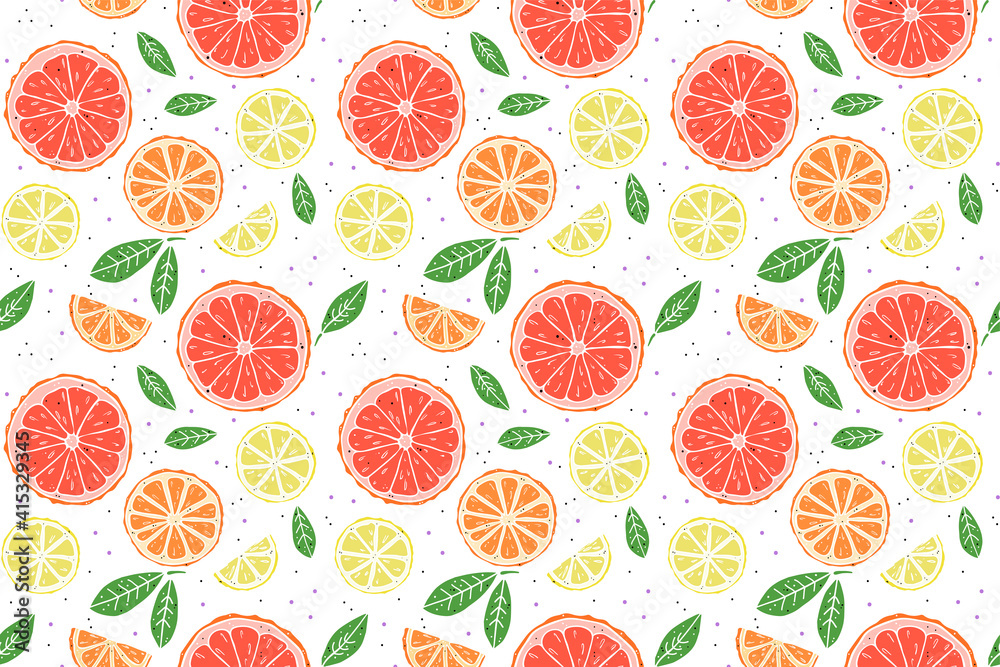 citrus mix and leaves seamless pattern on white background