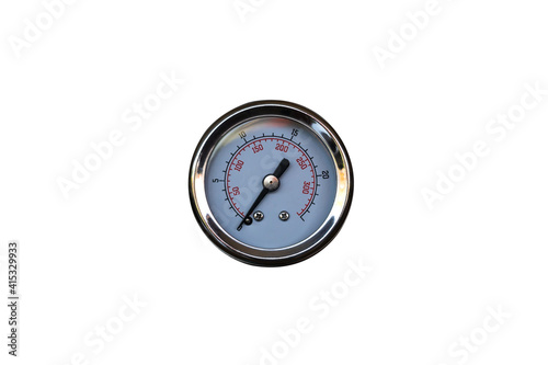 Water pressure gauge isolated on white background.Pressure manometer for measuring installed in water or gas systems.
