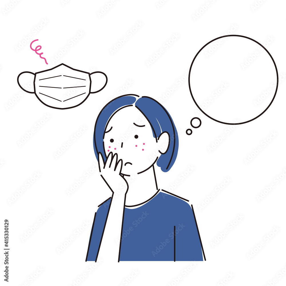 マスクの着用が原因で肌荒れになってしまった女性 シンプル イラスト ベクター A woman who have rough skin due to wearing a mask Simple illustration vector マスクの着用が原因で肌荒れになってしまった女性 シンプル イラスト ベクター A woman who have rough skin due to wearing a mask Simple illustration vector