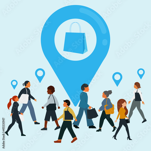 Crowds of men and women walking carrying shopping bags with gps navigation.vector illustration

