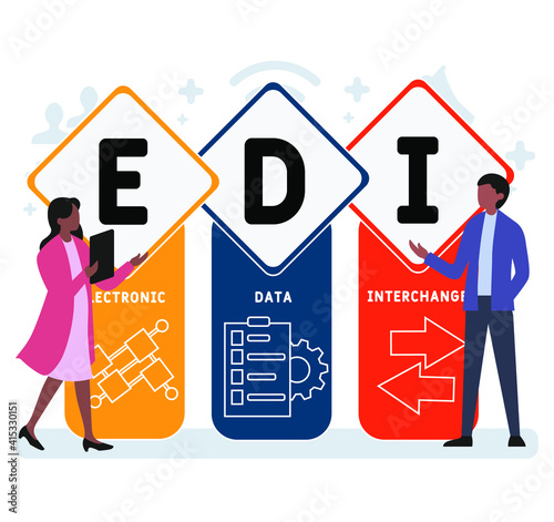 Flat design with people. EDI - Electronic Data Interchange. acronym, business concept background.   Vector illustration for website banner, marketing materials, business presentation, online
