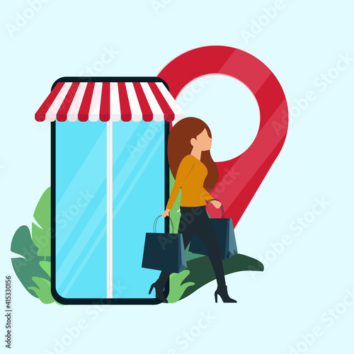 A woman walking with a shopping bag Online in the mobile phone there are gps navigation shops sources.vector illustration
