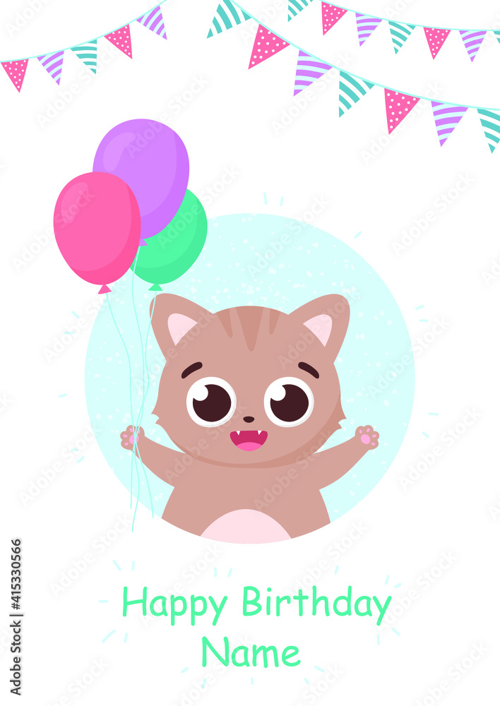 Festive vector card with the image of a cheerful cat, hare, bear and crab. On a white background. Congratulation. Happy Birthday. For printing, postcards, covers, notebooks Festive vector card with the image of a cheerful cat, hare, bear and crab. On a white background. Congratulation. Happy Birthday. For printing, postcards, covers, notebooks
