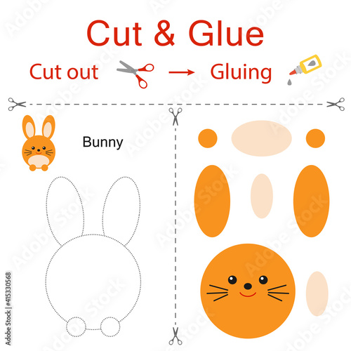 Cut and glue is the paper game for the development of preschool children. Cut parts of the image and glue on the paper. Easter bunny. Vector illustration in flat style