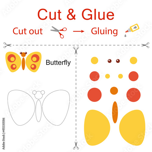 Cut and glue is the paper game for the development of preschool children. Cut parts of the image and glue on the paper. Butterfly. Vector illustration in flat style