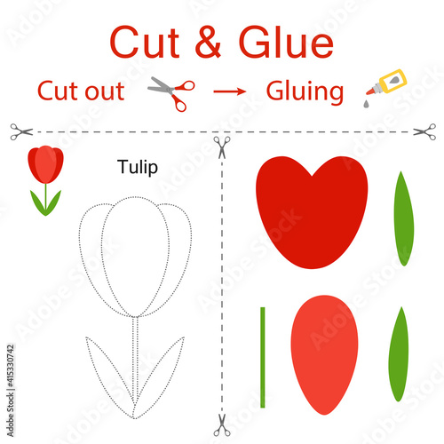 Cut and glue is the paper game for the development of preschool children. Cut parts of the image and glue on the paper. Flower tulip. Vector illustration in flat style
