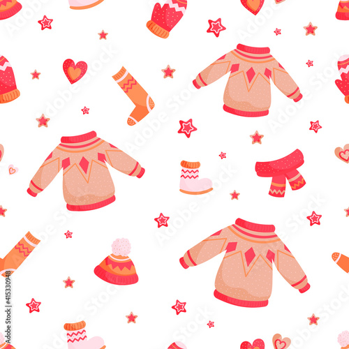 Seamless vector pattern from warm clothes for autumn and winter. Warmth, Christmas, comfort. Isolated on white. For printing, postcards, stickers, textiles, fabrics and wrapping paper.