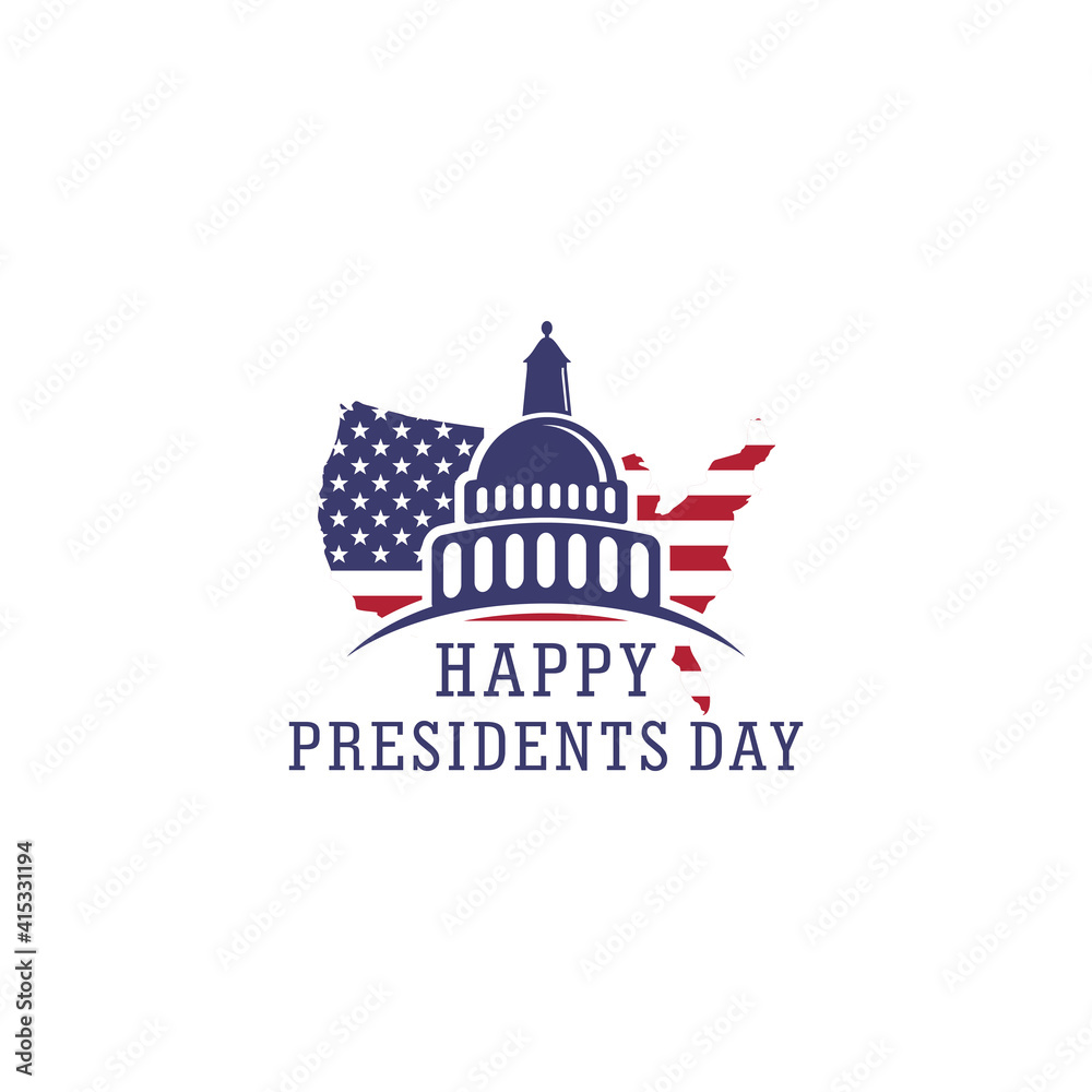 Happy President's Day in USA with map and USA flag on white background. Vector illustration, United States Capitol building
