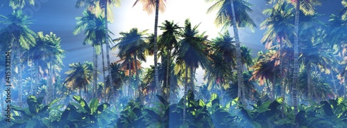 Palm trees in the sun, a grove of palm trees in the morning in the fog, sunlight in the branches of palm trees, 3D rendering
