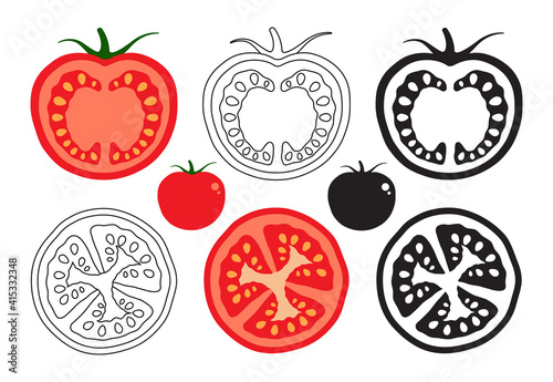 set of cut tomatoes into slices in different styles on a white background. Isolated object. Vector, illustration