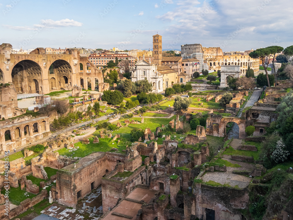 Aerial view of ruins of ancient roman forum