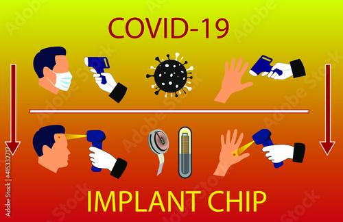 Conspiracy theory, Tracking people through implanted subcutaneous chips. Myth or truth? Popular conspiracy theory. Vector illustration of Covid-19 and subcutaneous chip