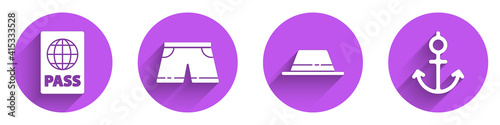 Set Passport, Swimming trunks, Man hat with ribbon and Anchor icon with long shadow. Vector.