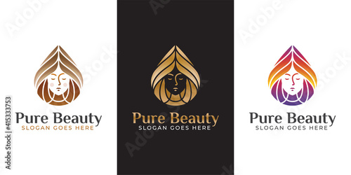 pure beauty oil and wellness center logo, woman hair salon, spa, female beauty symbol with other color versions