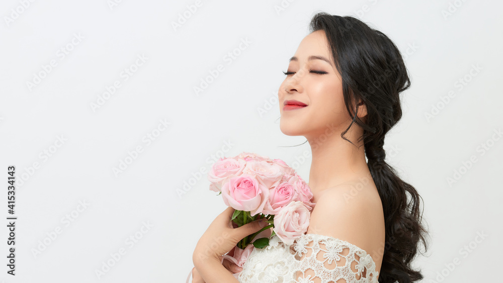 Young Happy Bride With Flower Bouquet