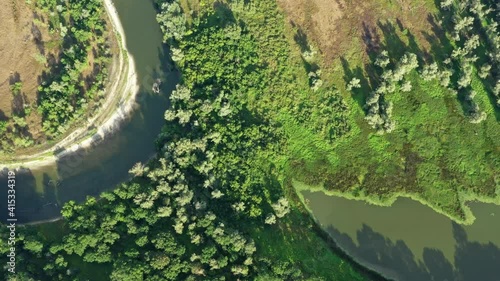 Aerial top view of winding river Hoper in forest in Russia, 4k photo