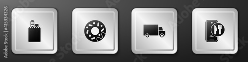 Set Online ordering and delivery, Donut, Fast by car and icon. Silver square button. Vector.