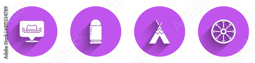 Set Location cowboy, Bullet, Indian teepee or wigwam and Old wooden wheel icon with long shadow. Vector.
