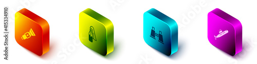 Set Isometric Flashlight, Cocktail molotov, Binoculars and Submarine icon. Vector.