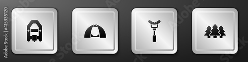Set Rafting boat, Tourist tent, Sausage on the fork and Forest icon. Silver square button. Vector.