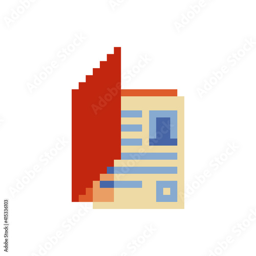 Open file folder icon. Pixel art style. Sheet of paper. Symbol, logo, website. Isolated vector illustration.