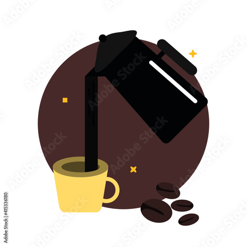 Flat Illustration of Pouring a Kettle of Black Coffee Into The Cup