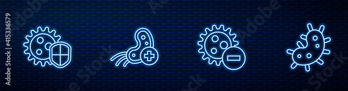 Set line Negative virus, Shield protecting from, Positive and Virus. Glowing neon icon on brick wall. Vector.