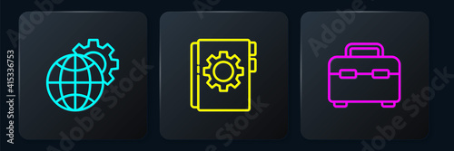 Set line Globe of the Earth and gear, Toolbox and User manual. Black square button. Vector.