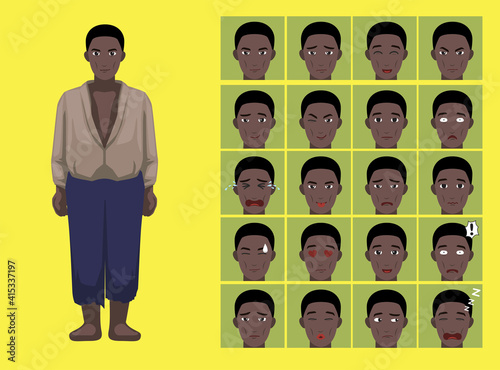 Manga Style African American Black Slave Man Cartoon Character Emotion