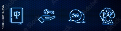 Set line Question and Answer, Psychology book, Psi, Solution to the problem and Head with question mark. Glowing neon icon on brick wall. Vector.