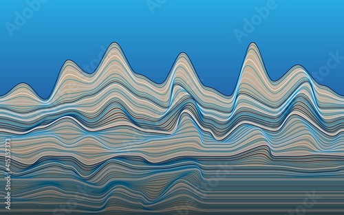 Abstract background. The hills of the waves. Vector illustration of multicolored lines curved in the shape of waves on a blue background. A blank for creativity.