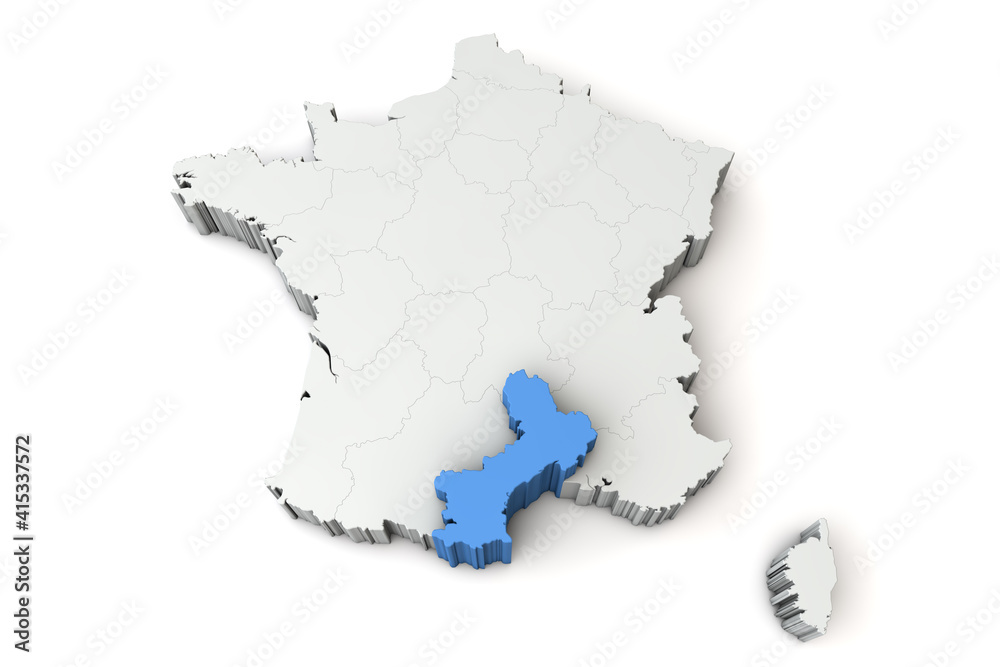 Map of France showing languedoc roussillon region. 3D Rendering