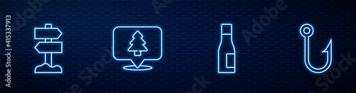 Set line Bottle of water, Road traffic signpost, Location the forest and Fishing hook. Glowing neon icon on brick wall. Vector.