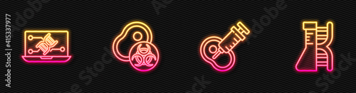 Set line Genetically modified meat, engineering modification, and DNA research, search. Glowing neon icon. Vector.
