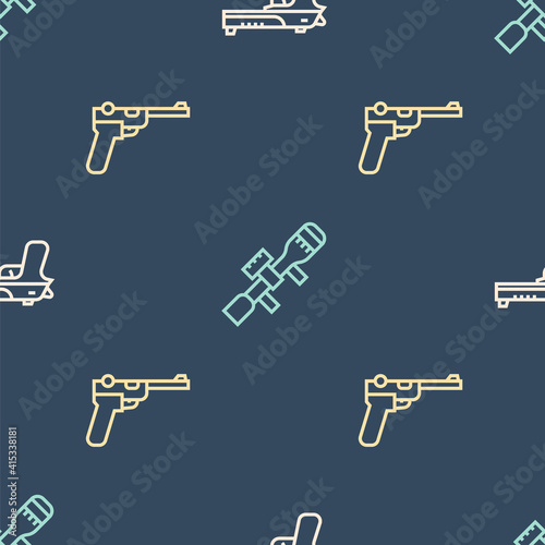 Set line Desert eagle gun, Mauser and Sniper optical sight on seamless pattern. Vector.