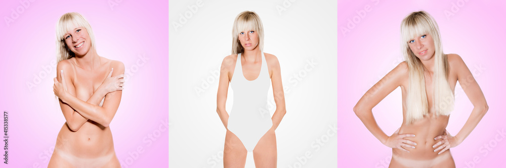 Obraz premium Three portraits of an attractive blond woman wearing a swimsuit and classic nude in front of light gray and pink background, her private parts are not visible