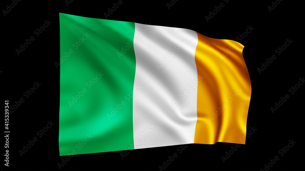 The flag of Ireland isolated on black, realistic 3D wavy Irish flag render illustration. The flag of Ireland isolated on black, realistic 3D wavy Irish flag render illustration.