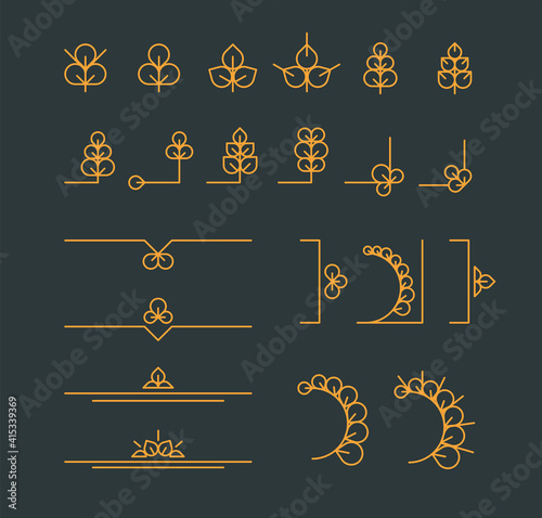 A set of elements and corners for text formatting. Gold leaves and dividers on a dark background.