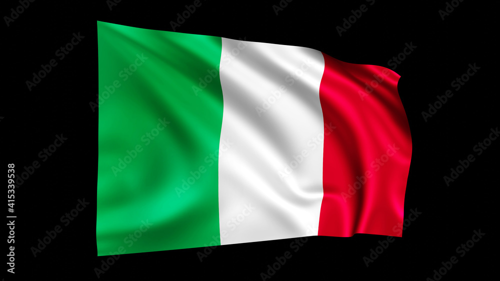 The flag of Italy isolated on black, realistic 3D wavy Italian flag render illustration.