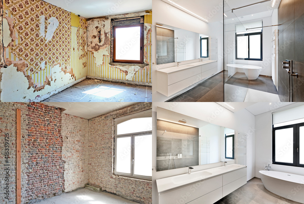 Renovation of a bathroom Before and after in horizontal format