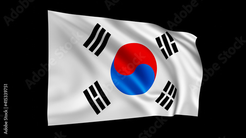 The flag of South Korea isolated on black, realistic 3D wavy Korean flag render illustration.