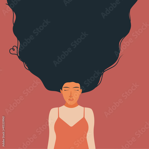 A woman with a beautiful face and hair closed eyes to sleep long hair brown background vector illustration.