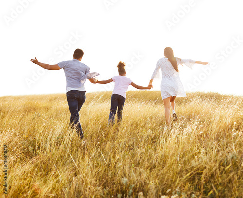 child daughter family happy mother father love hope future together girl cheerful field outdoor summer