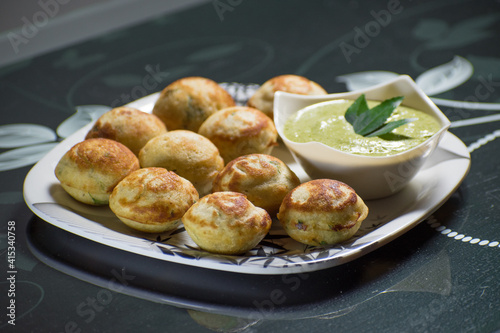 Indian Home Made Recipe 'Aappe' with Green Chatni. Specialty Of South Indian Food