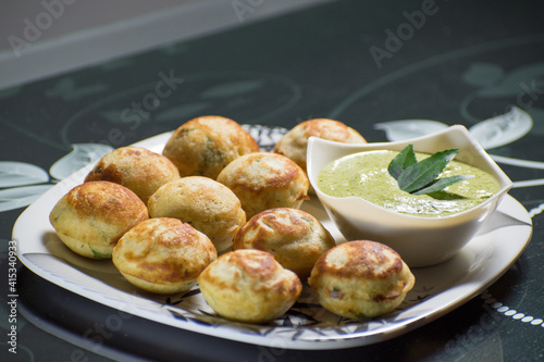 Indian Home Made Recipe 'Aappe' with Green Chatni. Specialty Of South Indian Food
