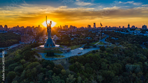 Konstfotografi Aerial view to the Motherland statue in the Kiev while  summer sunset