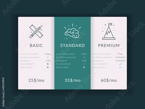 Vector price comparison table template design for business. Vector pricing plans illustration.