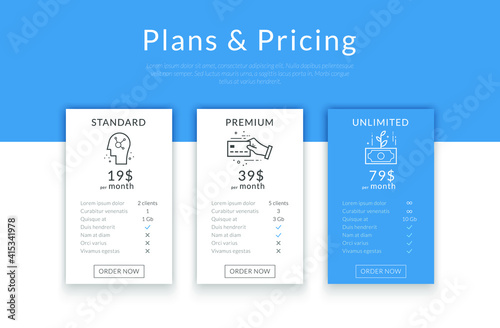 Vector price comparison table template design for business. Vector pricing plans illustration.