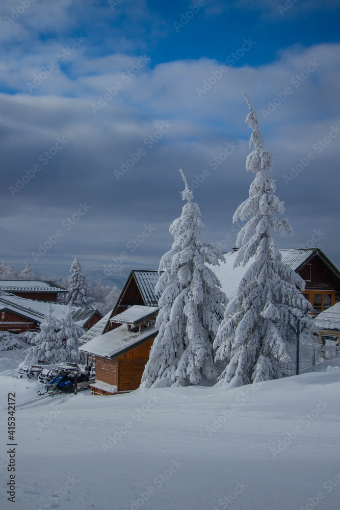 Naklejka premium mountain shelter at the frosty and snowy winter