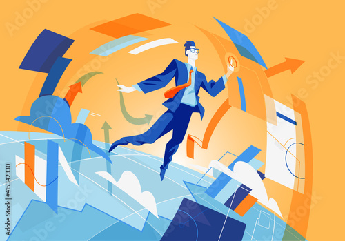 Uomo che interagisce con il flusso di dati e asset digitali che girano intorno al pianeta